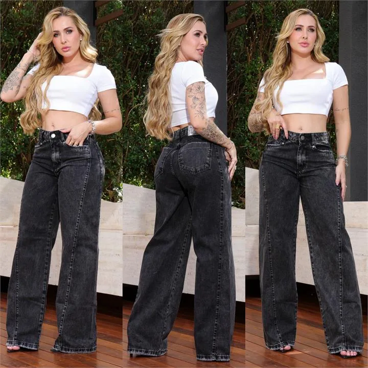 Calça Wide Leg com Recorte (Sem Elastano)