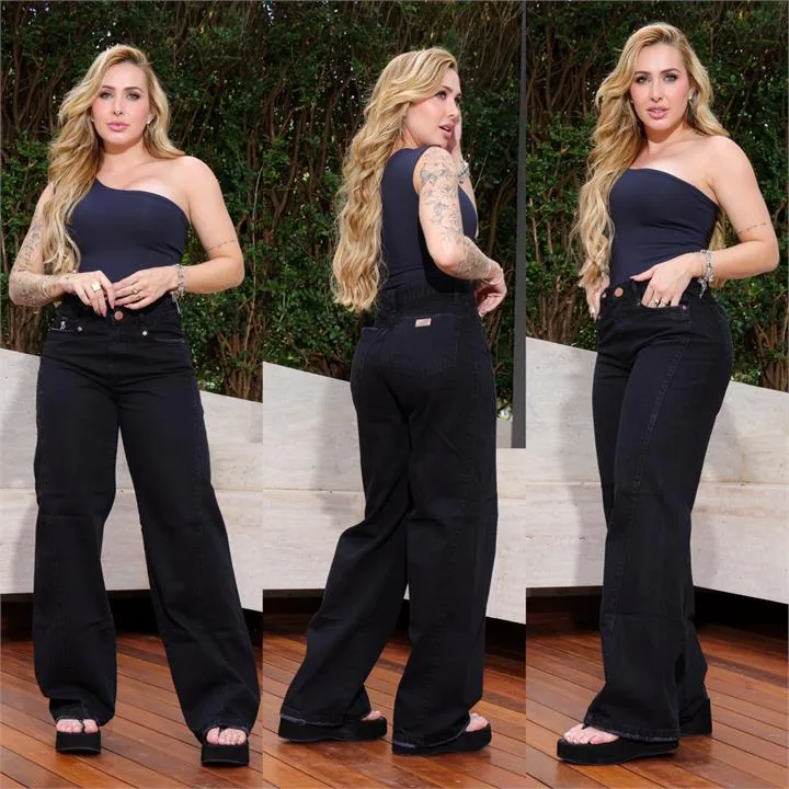 Calça Wide Leg com Recorte (Sem Elastano)